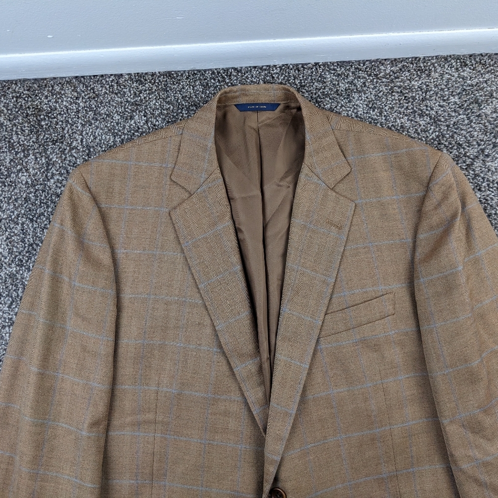 Brooks Brothers Sport Coat Wool Silk Herringbone Windowpane Plaid Beige Blue 46R